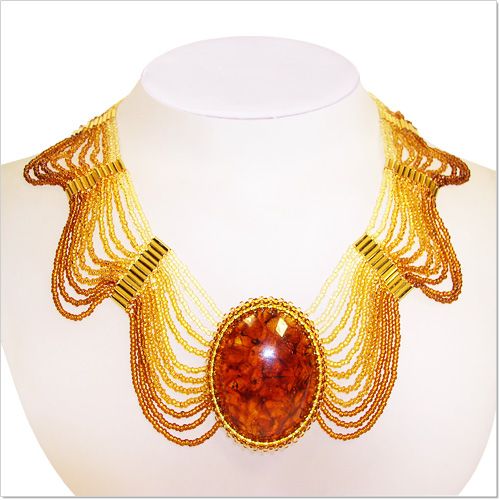 Вечернее авторское ожерелье из золотистого бисера и янтаря "Агартала" - фото